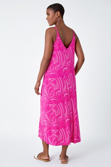 Roman Fuchsia Abstract Stretch Jersey Pocket Midi Dress
