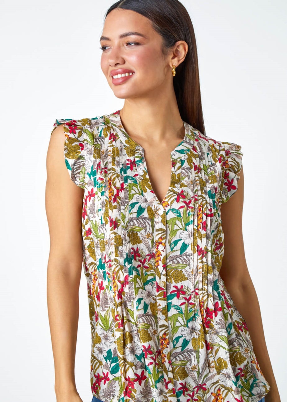 Roman Olive Shimmer Stripe Floral Frill Sleeve V-Neck Top