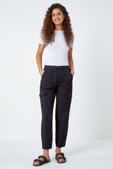 Roman Black Casual Elastic Waist Cargo Stretch Trousers