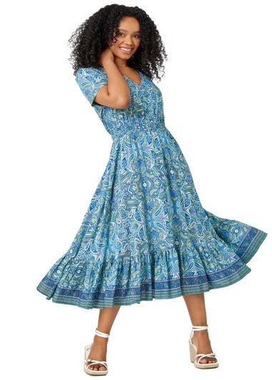 Roman Blue Petite Paisley Print Frill Hem Midi Dress