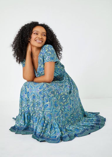 Roman Blue Petite Paisley Print Frill Hem Midi Dress