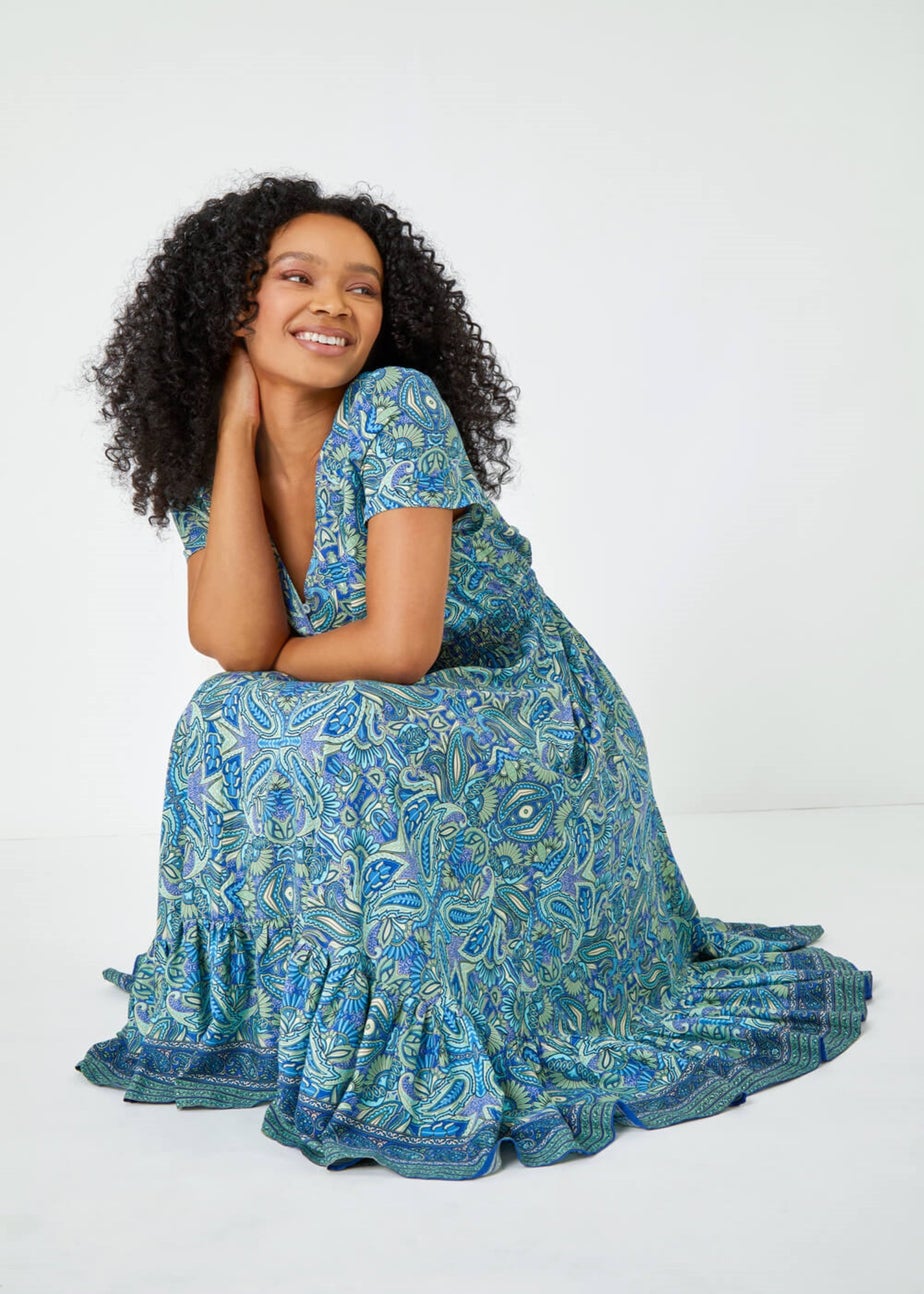 Roman Blue Petite Paisley Print Frill Hem Midi Dress