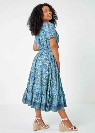 Roman Blue Petite Paisley Print Frill Hem Midi Dress