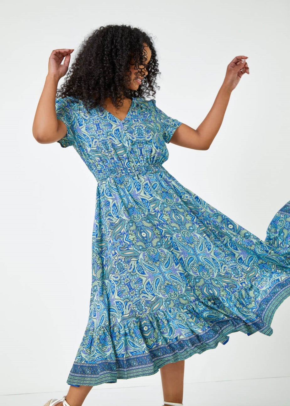 Roman Blue Petite Paisley Print Frill Hem Midi Dress