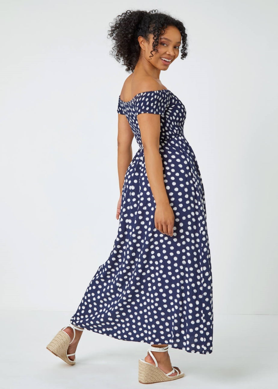 Roman Navy Petite Polka Dot Bardot Maxi Dress