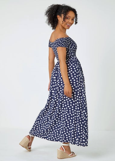 Roman Navy Petite Polka Dot Bardot Maxi Dress