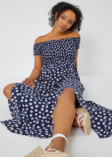 Roman Navy Petite Polka Dot Bardot Maxi Dress
