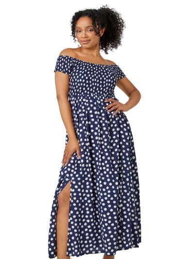 Roman Navy Petite Polka Dot Bardot Maxi Dress