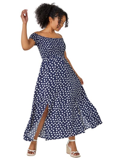 Roman Navy Petite Polka Dot Bardot Maxi Dress
