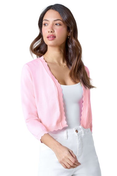 Roman Light Pink Scalloped Edge Stretch Knit Shrug