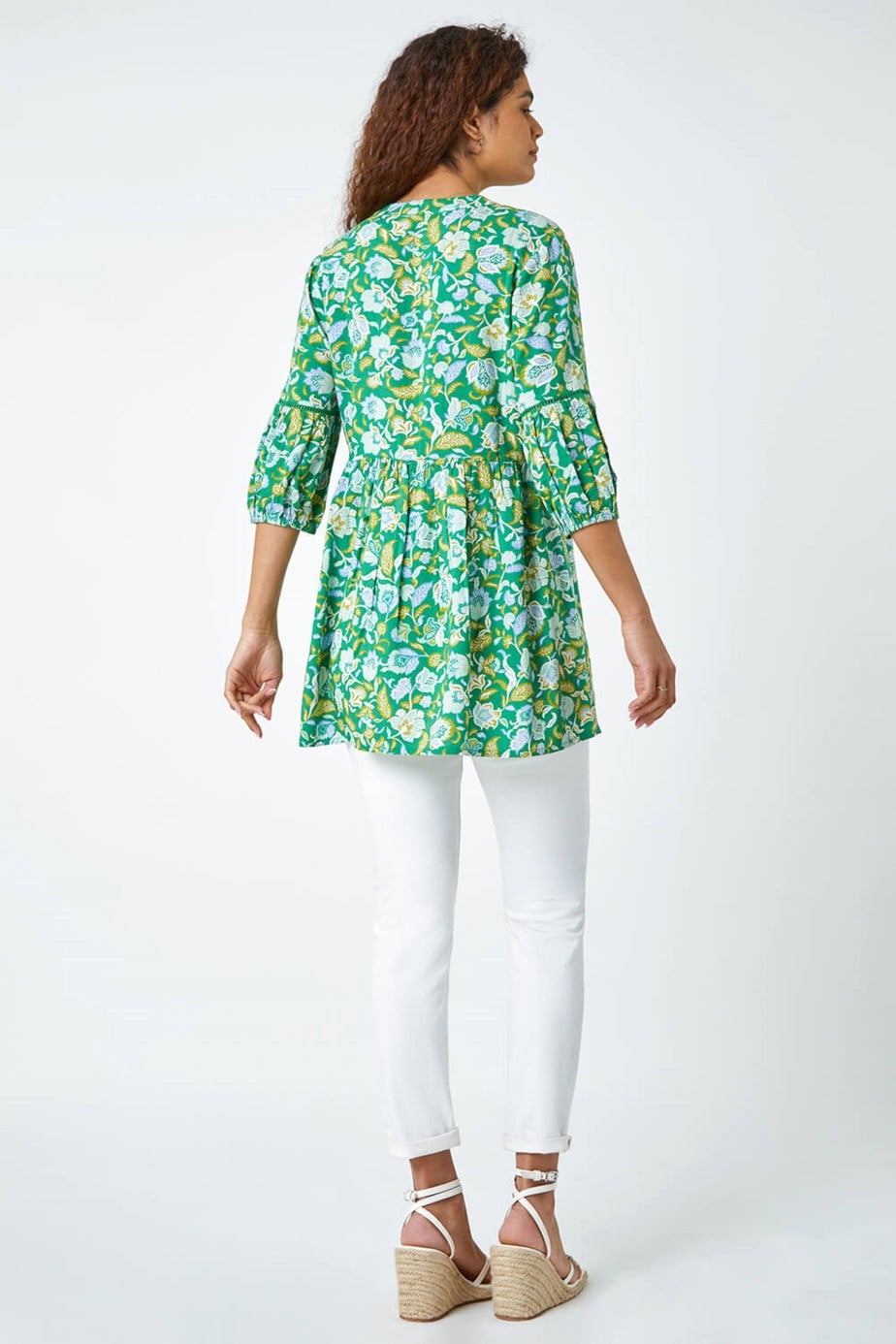 Roman Green Cotton Abstract Floral V-Neck Ladder Trim Top