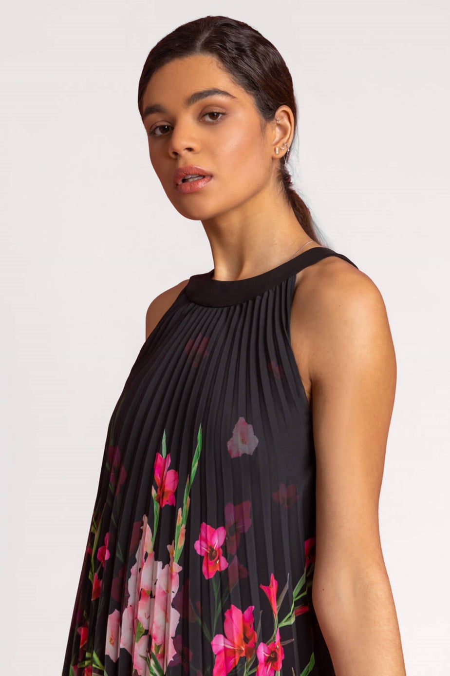Roman Black High Neck Floral Pleated Swing Dress