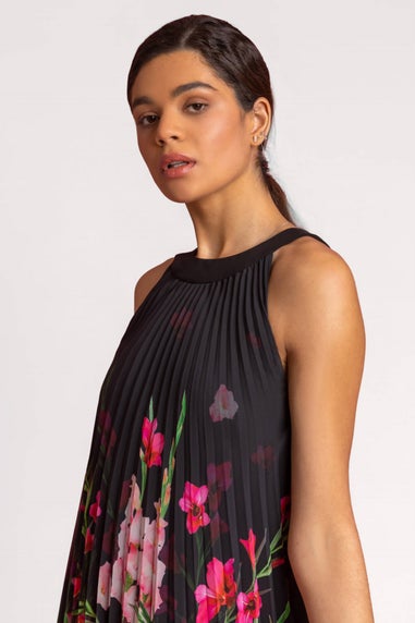 Roman Black High Neck Floral Pleated Swing Dress