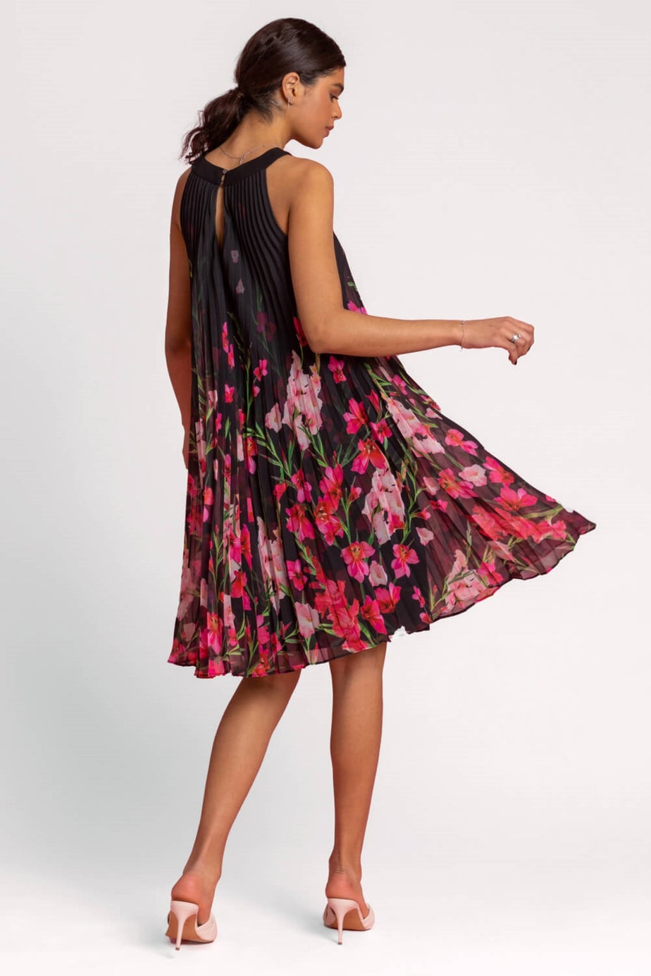 Roman Black High Neck Floral Pleated Swing Dress
