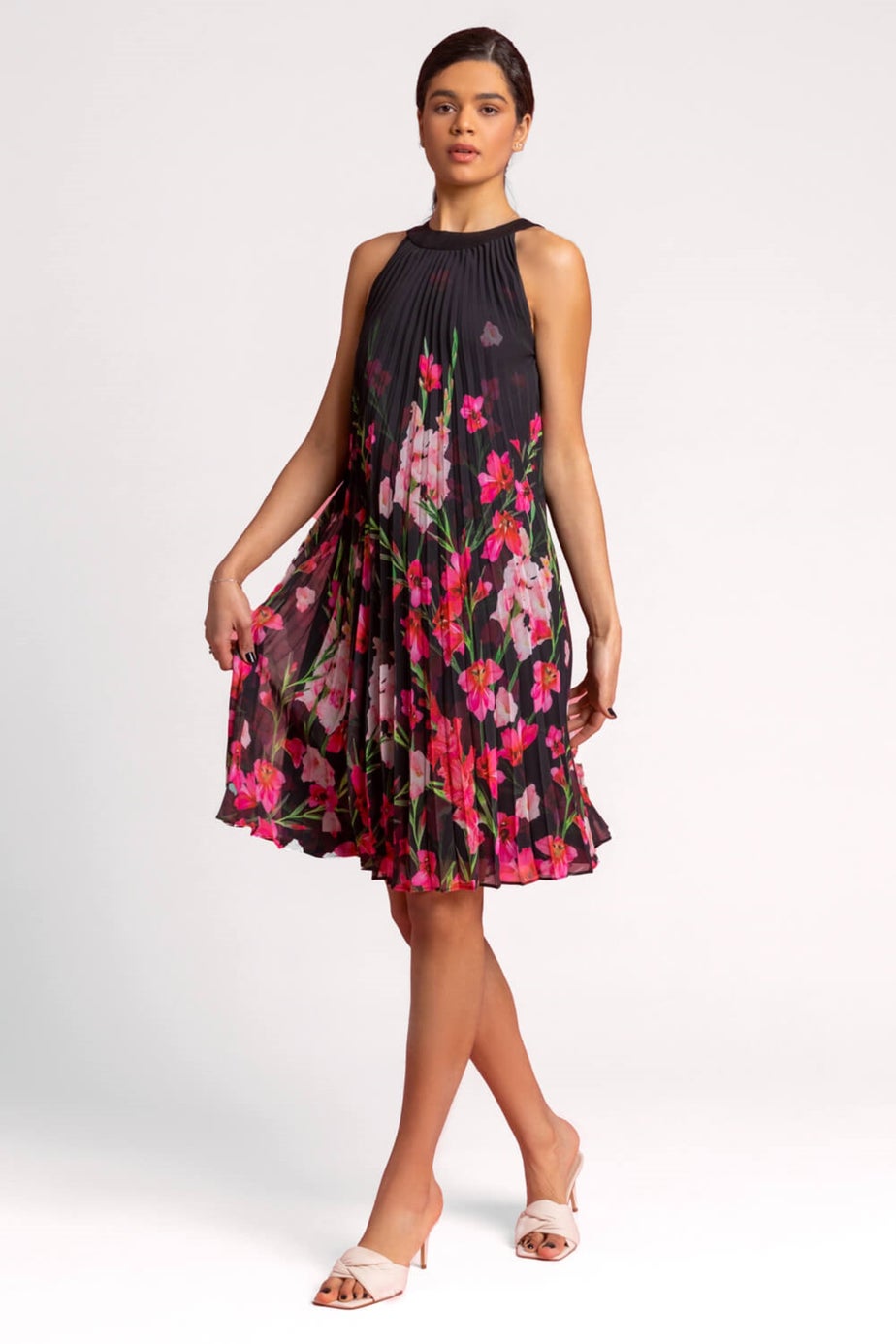 Roman Black High Neck Floral Pleated Swing Dress