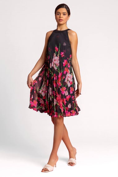 Roman Black High Neck Floral Pleated Swing Dress