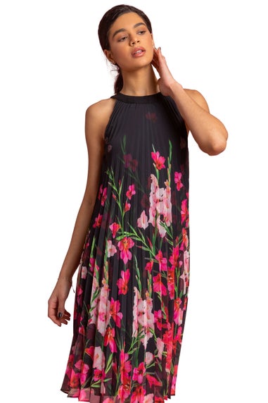 Roman Black High Neck Floral Pleated Swing Dress