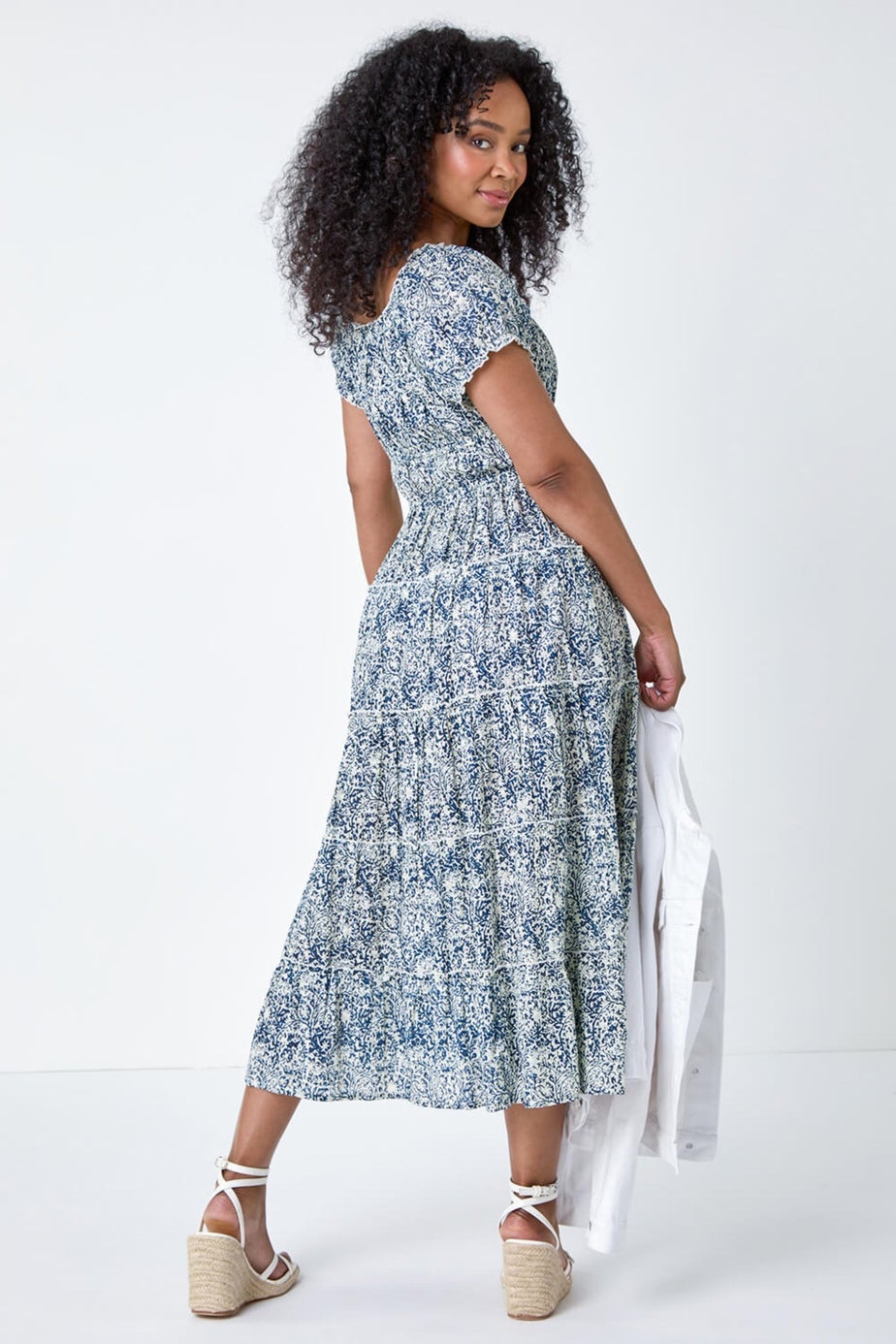 Roman Blue Petite Abstract Puff Sleeve Cotton Dress