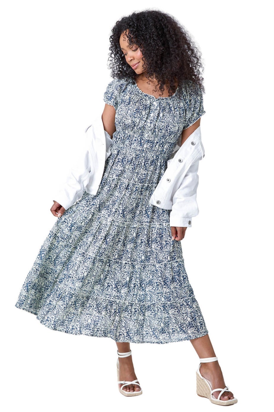 Roman Blue Petite Abstract Puff Sleeve Cotton Dress