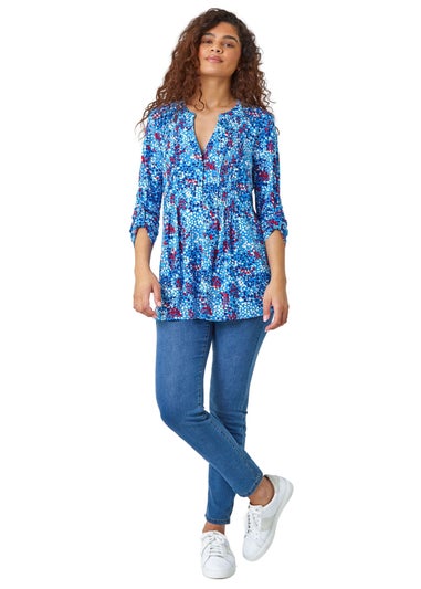 Roman Blue Abstract Spot V-Neck Pintuck Stretch Top