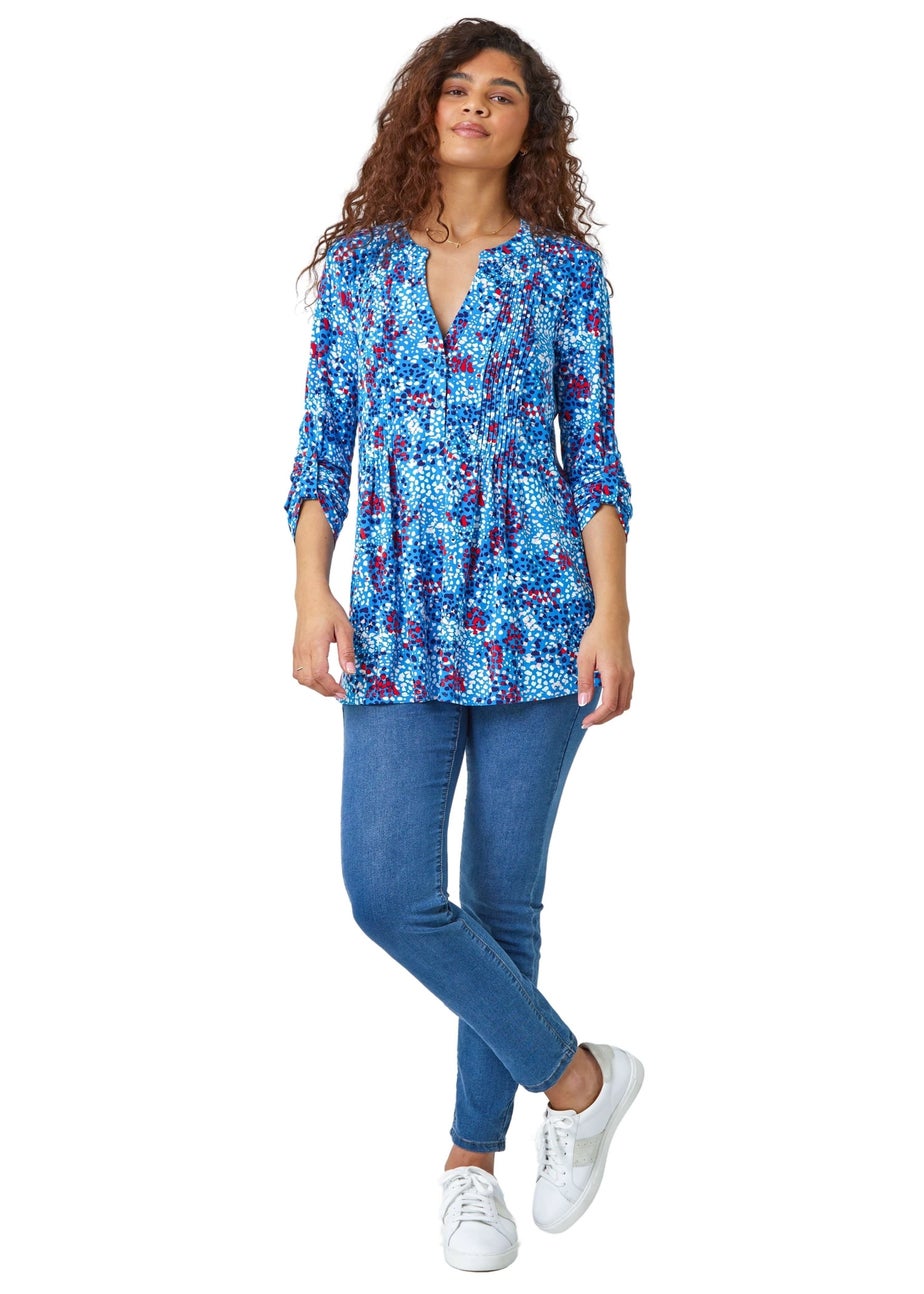 Roman Blue Abstract Spot V-Neck Pintuck Stretch Top