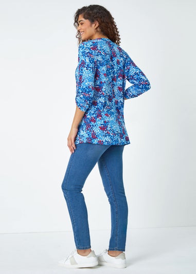 Roman Blue Abstract Spot V-Neck Pintuck Stretch Top