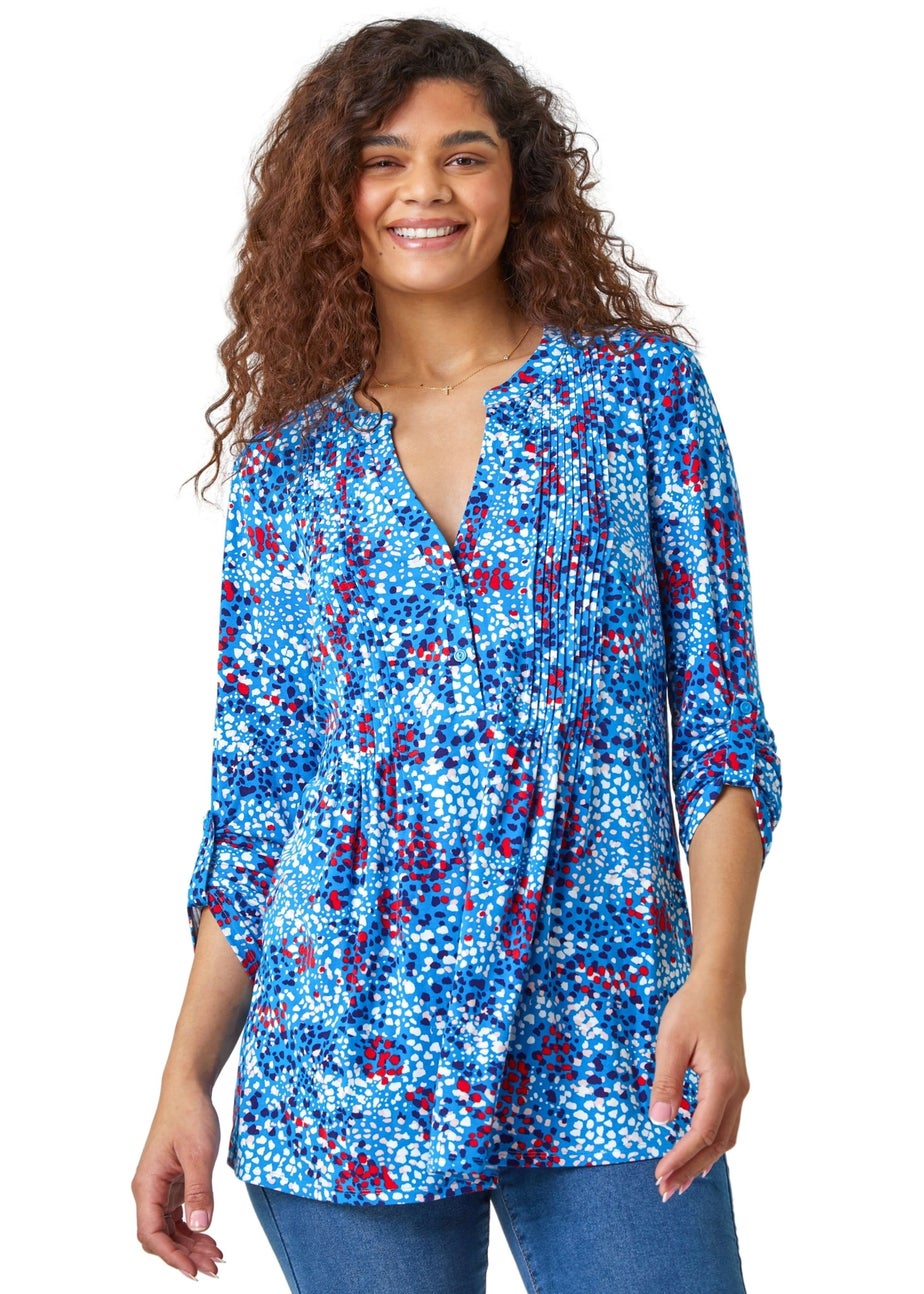 Roman Blue Abstract Spot V-Neck Pintuck Stretch Top