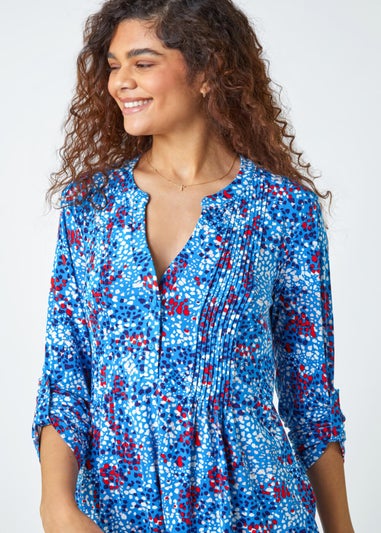 Roman Blue Abstract Spot V-Neck Pintuck Stretch Top