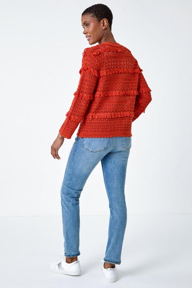 Roman Rust Fringe Detail Scalloped Cotton Blend Cardigan