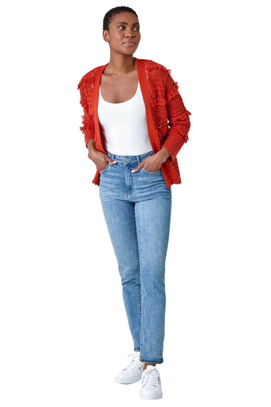 Roman Rust Fringe Detail Scalloped Cotton Blend Cardigan