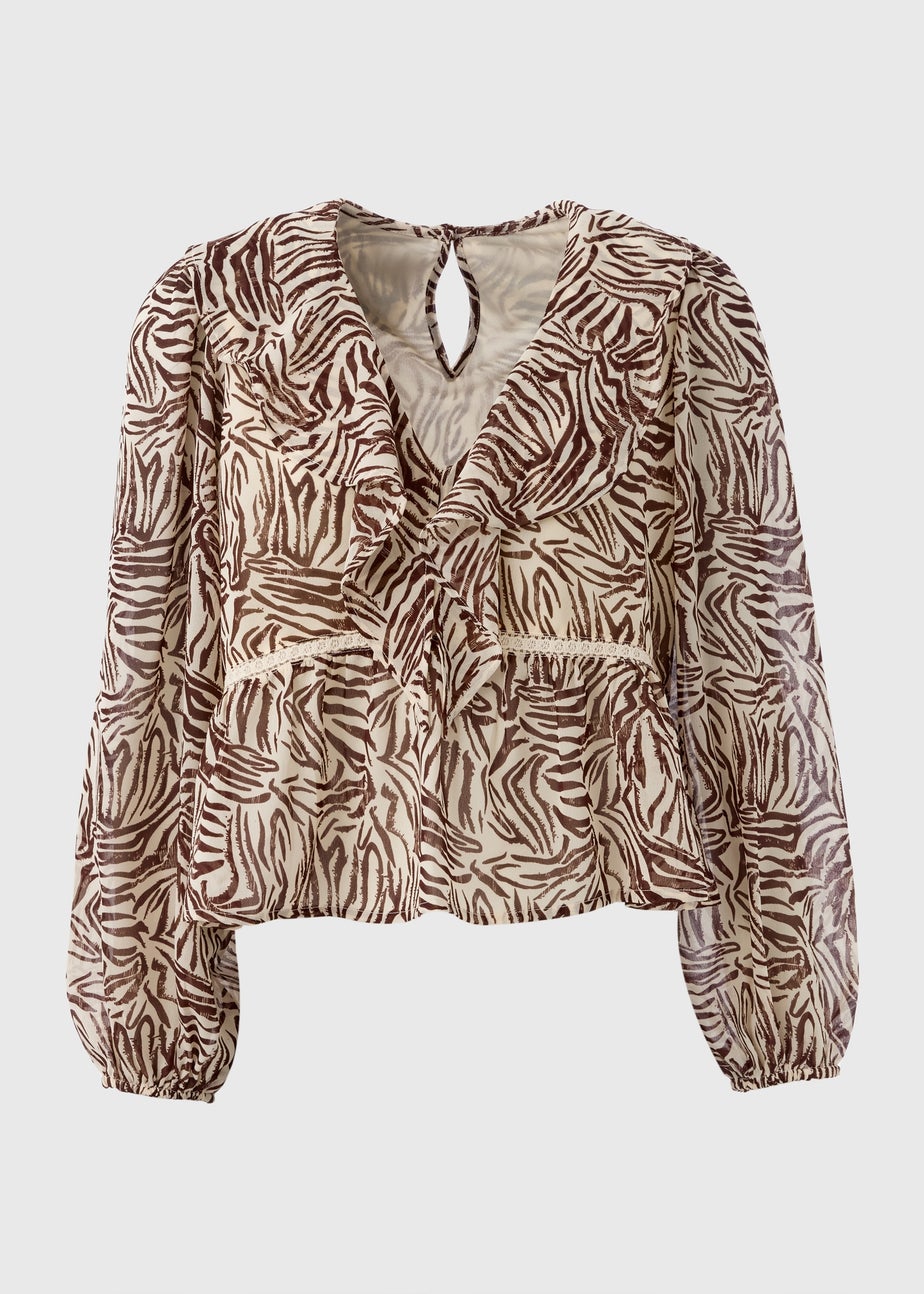 Brown Zebra Print Frill Blouse
