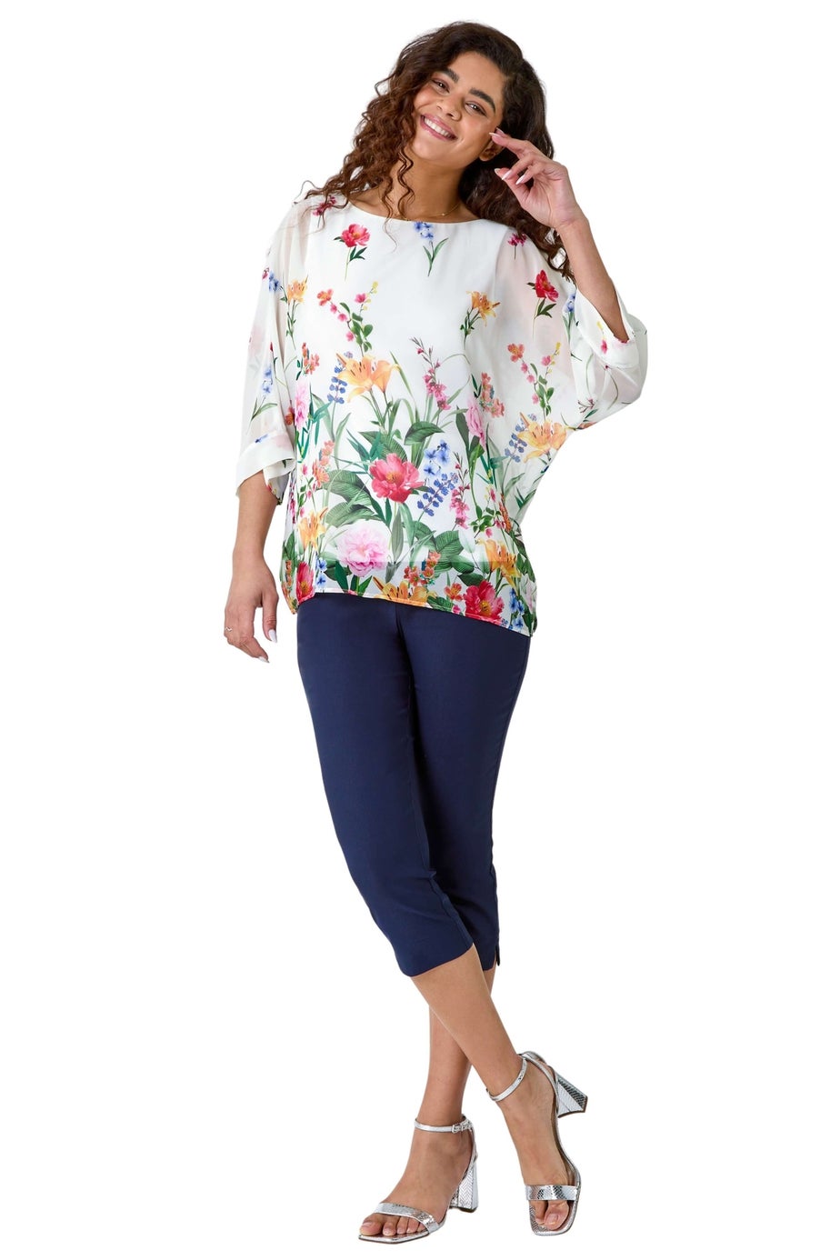Roman Ivory Floral Border Print Overlay Top