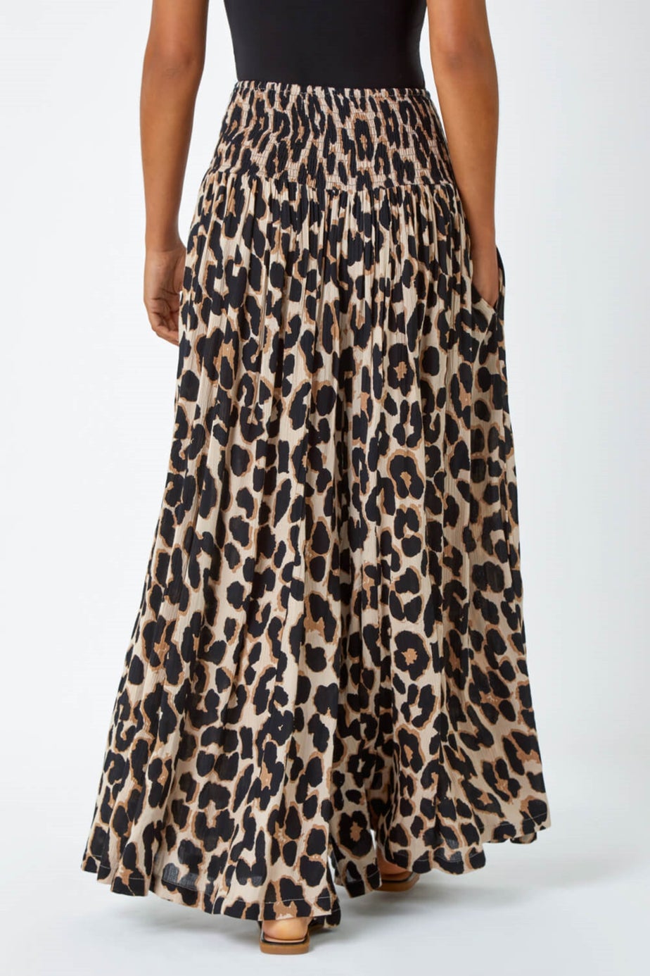 Roman Brown Animal Shirred Palazzo Stretch Trouser