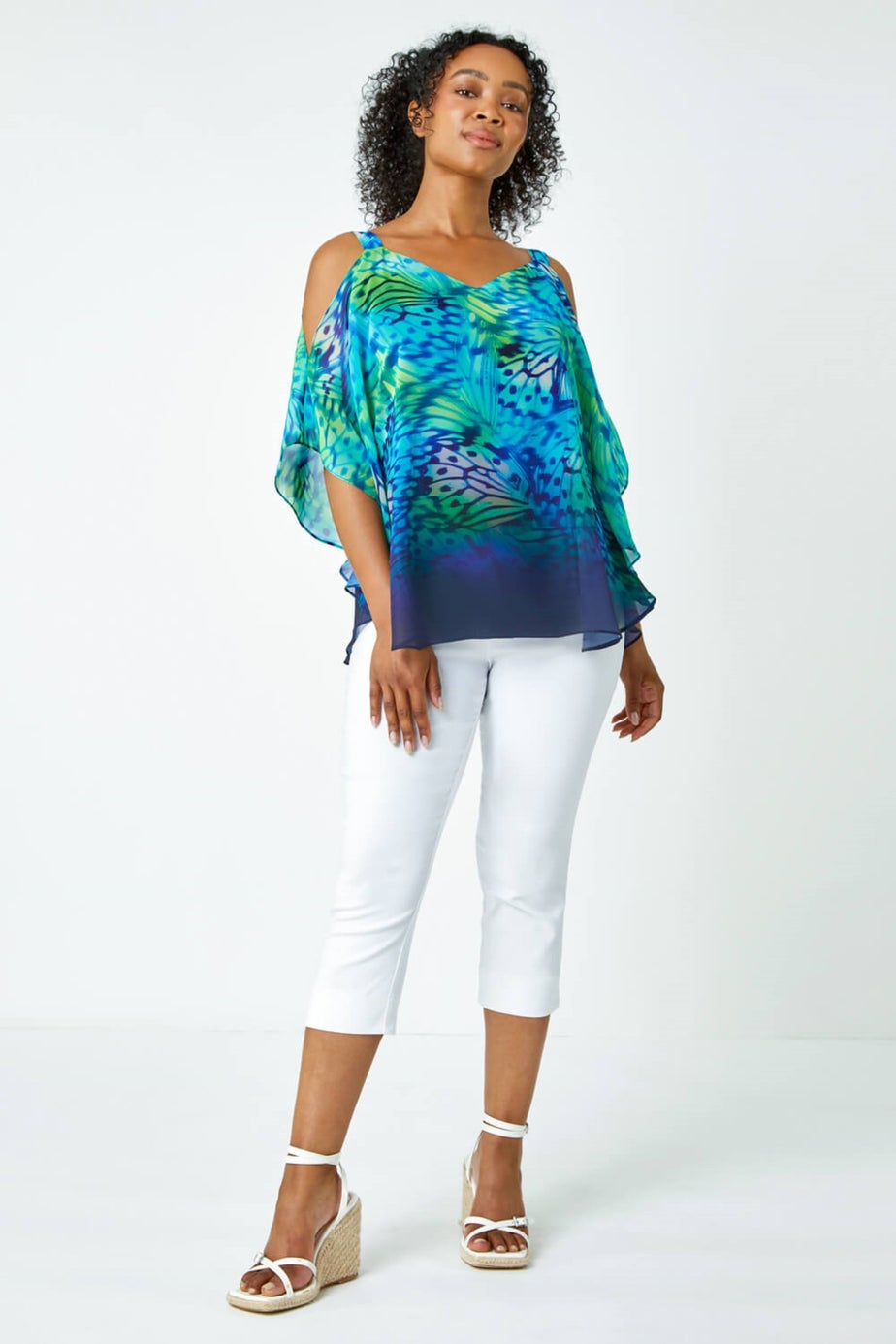 Roman Turquoise Petite Butterfly V-Neck Cold Shoulder Top