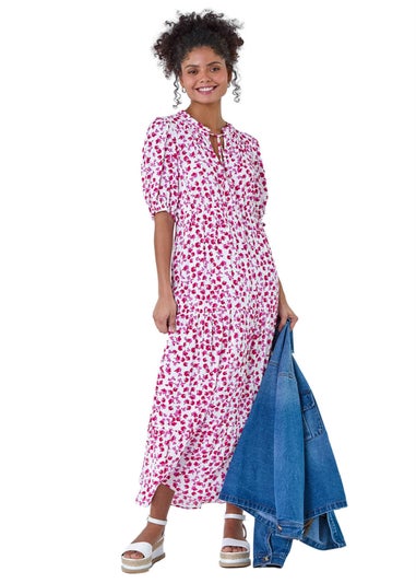 Roman Dusk White Ditsy Floral Tie Neck Midi Dress