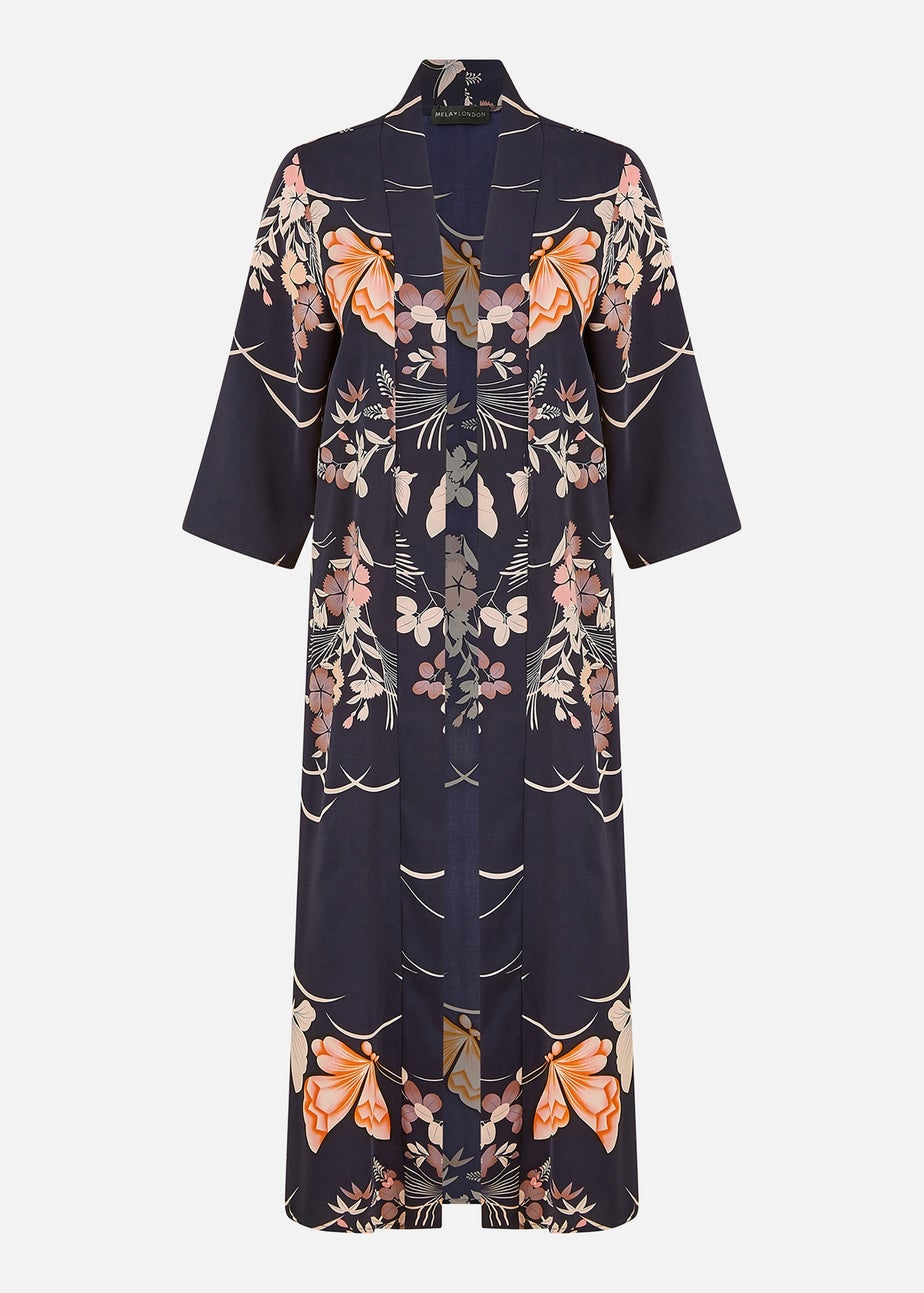 Yumi Navy Butterfly Print Long Kimono