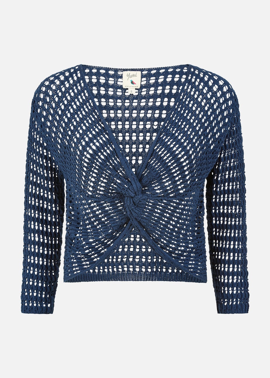 Yumi Navy Crochet Cotton Twisted Bolero Top