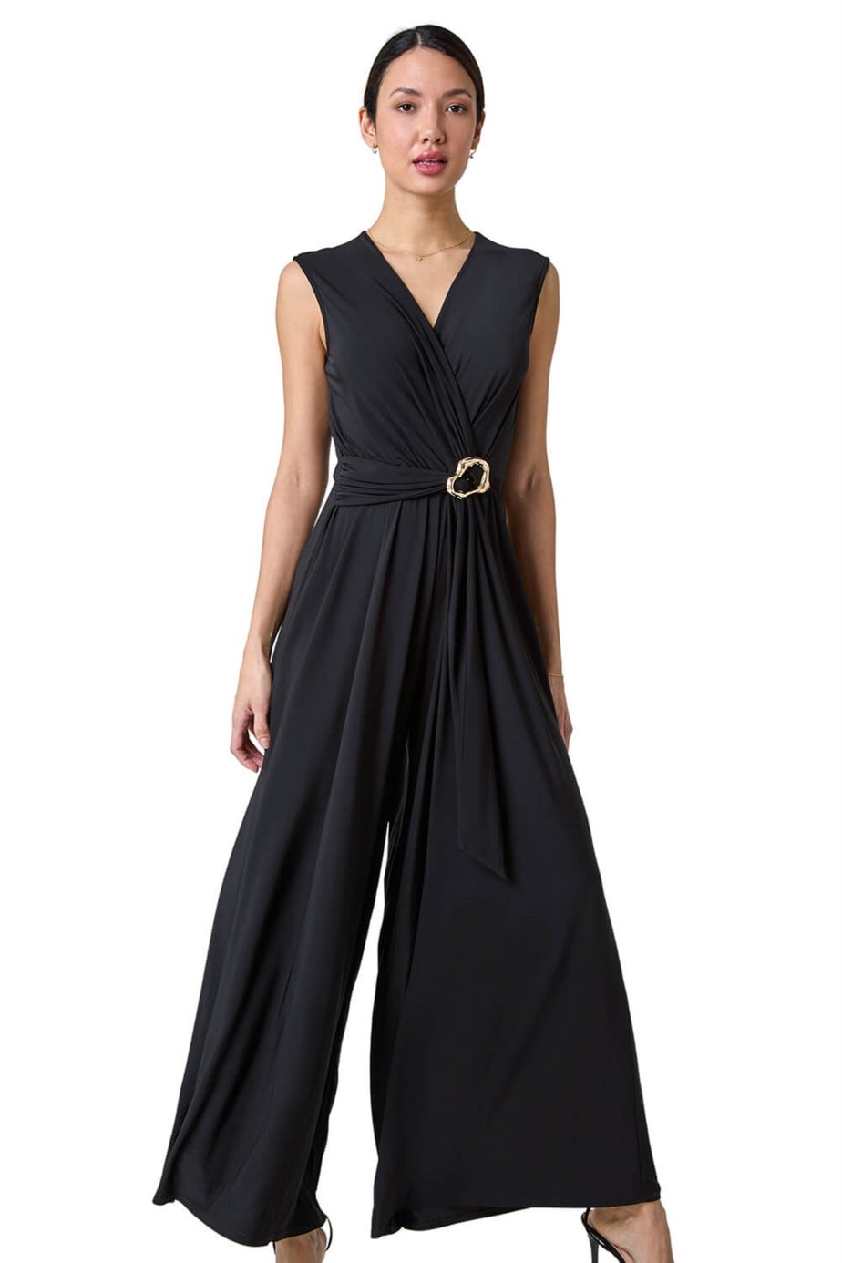 Roman Black Metallic Belt Draped Stretch Jumpsuit