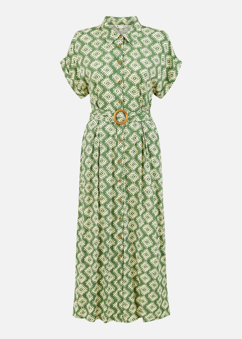 Yumi Green Viscose Midi Shirt Dress With Matching Belt