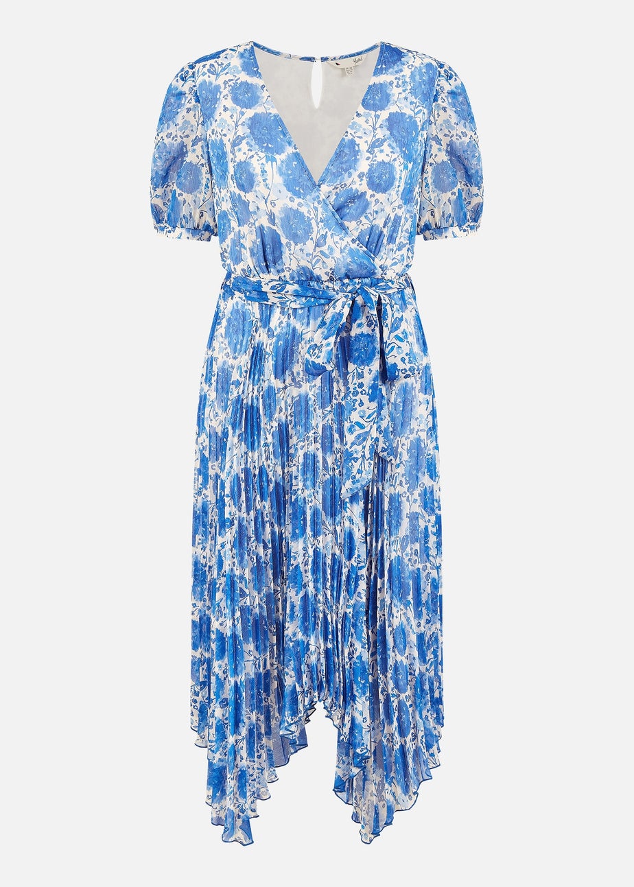 Yumi Blue Floral Pleated Midi Dress With Puff Sleeves