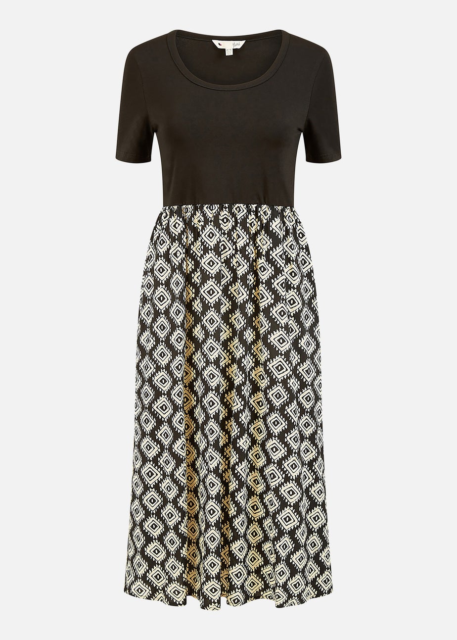 Yumi Black Jersey Stretch Top And Geo Skirt Midi Dress