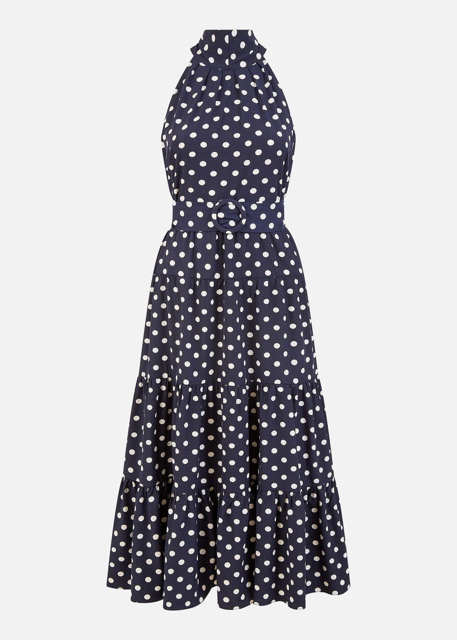 Yumi Navy Spot Print Halter Midi Dress With Matching Belt