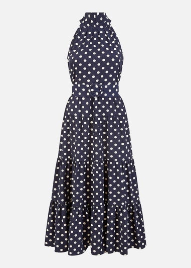 Yumi Navy Spot Print Halter Midi Dress With Matching Belt