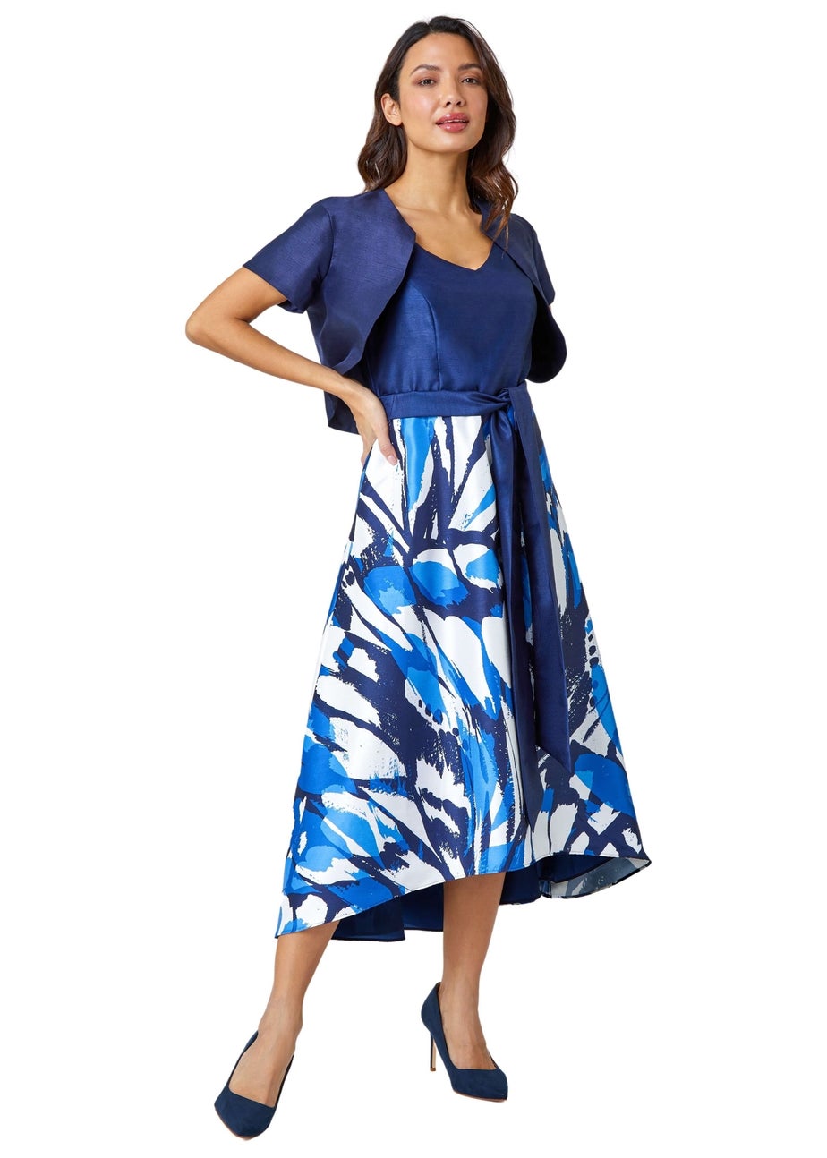 Roman Navy Butterfly Print Fit & Flare Dress