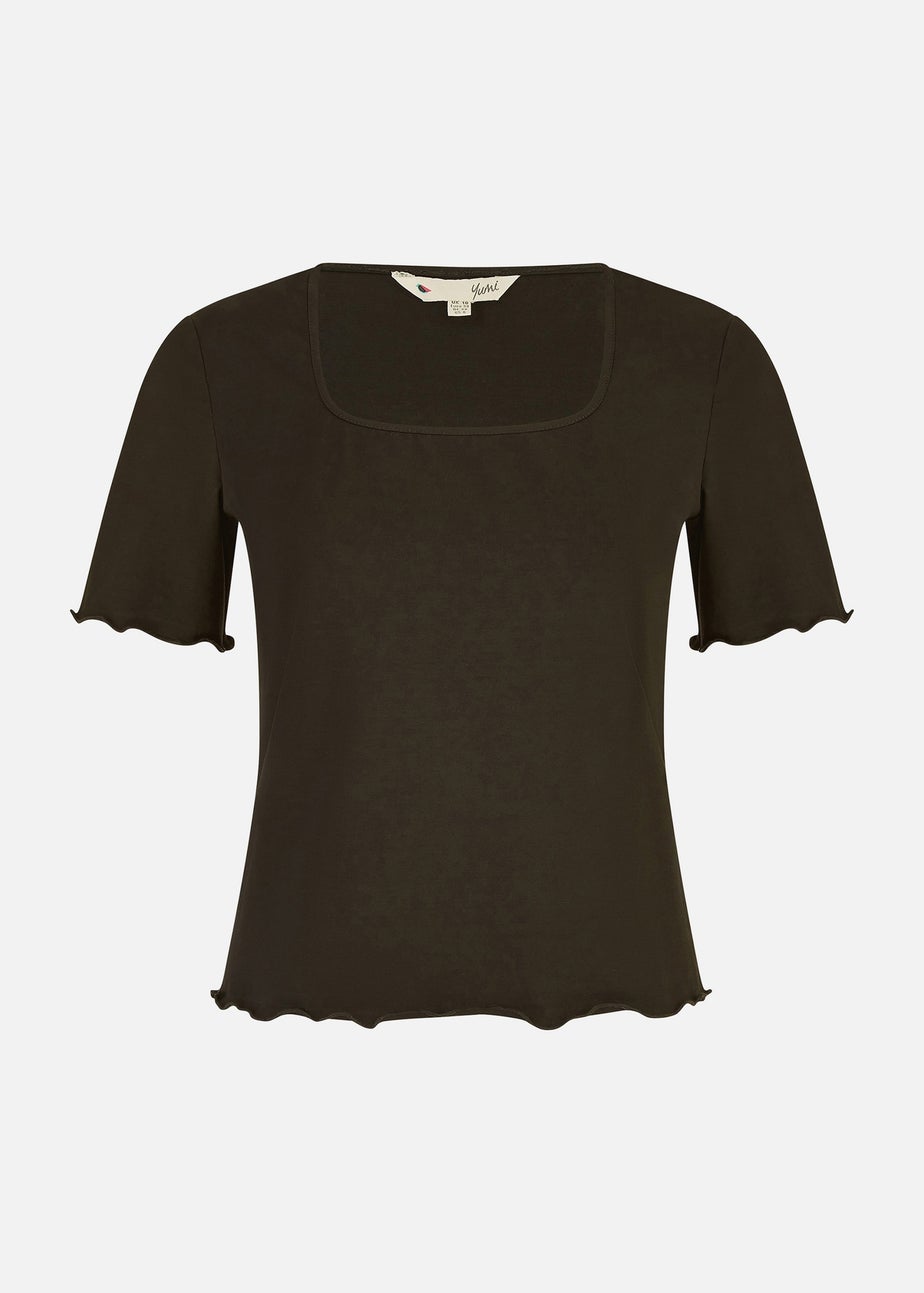 Yumi Black Cotton Jersey Lettuce Trim T-Shirt