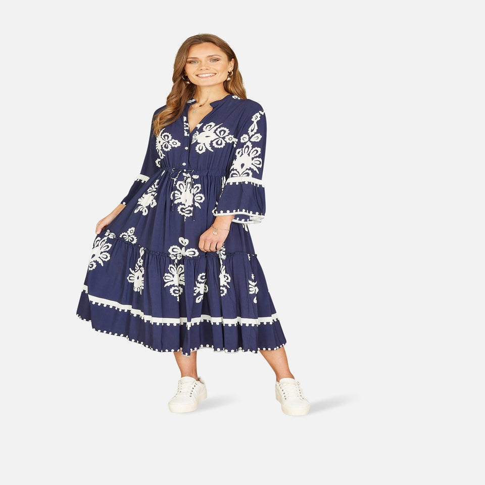 Yumi Navy Viscose Midi Dress With Long Sleeves
