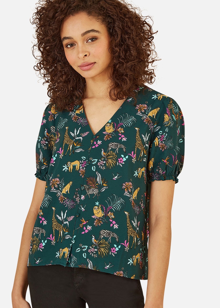 Yumi Green Recycled Fabric Safari Animal Print Shirt