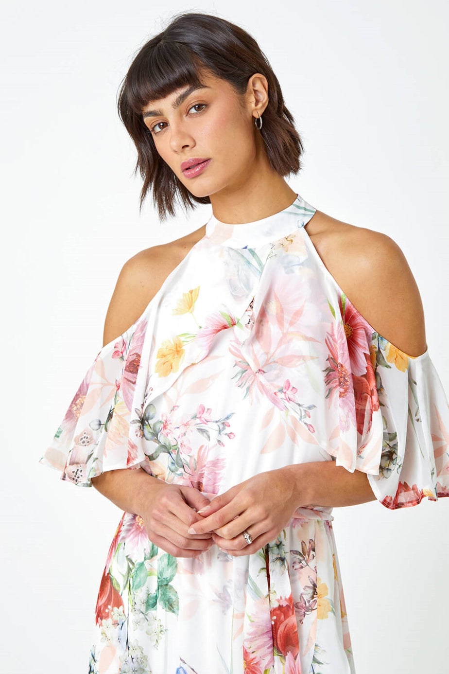 Roman Ivory Halterneck Floral Chiffon Frill Dress