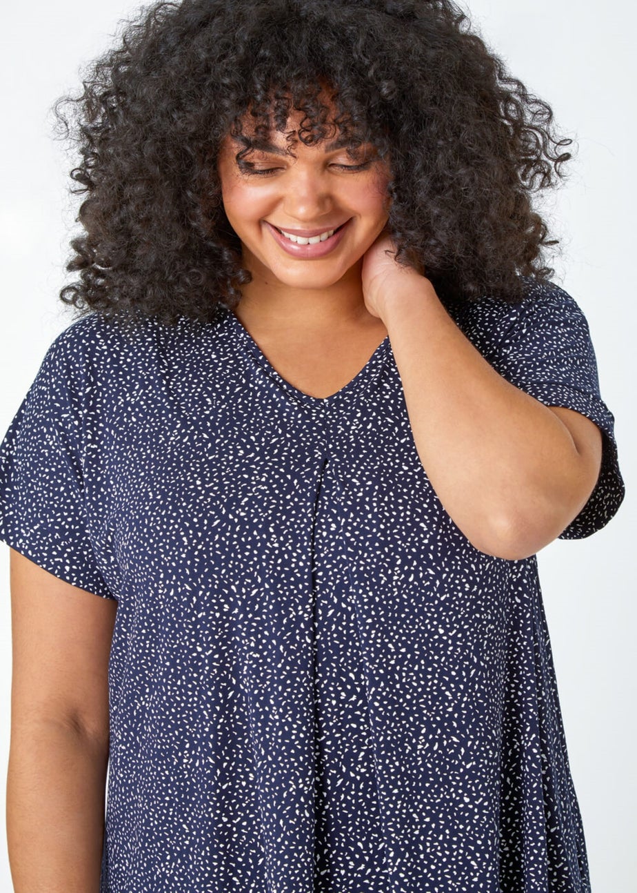 Roman Navy Curve Ditsy Spot Print V-Neck Stretch Top
