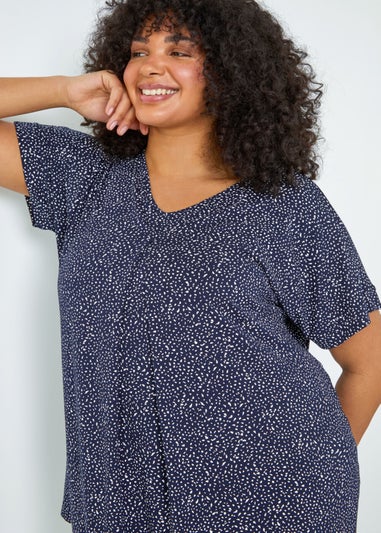 Roman Navy Curve Ditsy Spot Print V-Neck Stretch Top